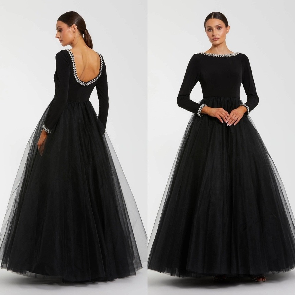 Mac‎ Duggal Black Embellished Jersey Long Sleeve Ball Gown W/ Tulle Skirt Size 8